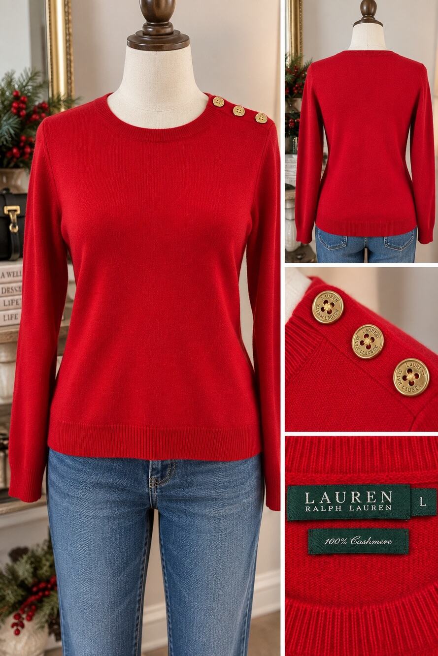 Lauren Ralph Lauren 100% Cashmere Red Crewneck Sweater Gold Buttons Size L